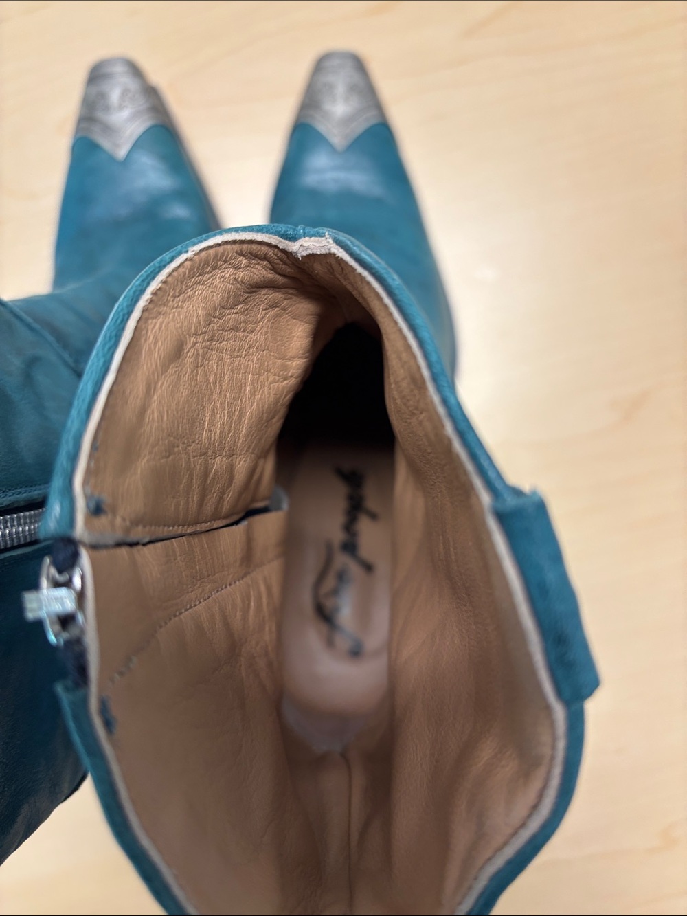 Free People Vero Cuoio Teal Italian Leather Western Boots with Silver Toe Caps - Picture 5 of 8